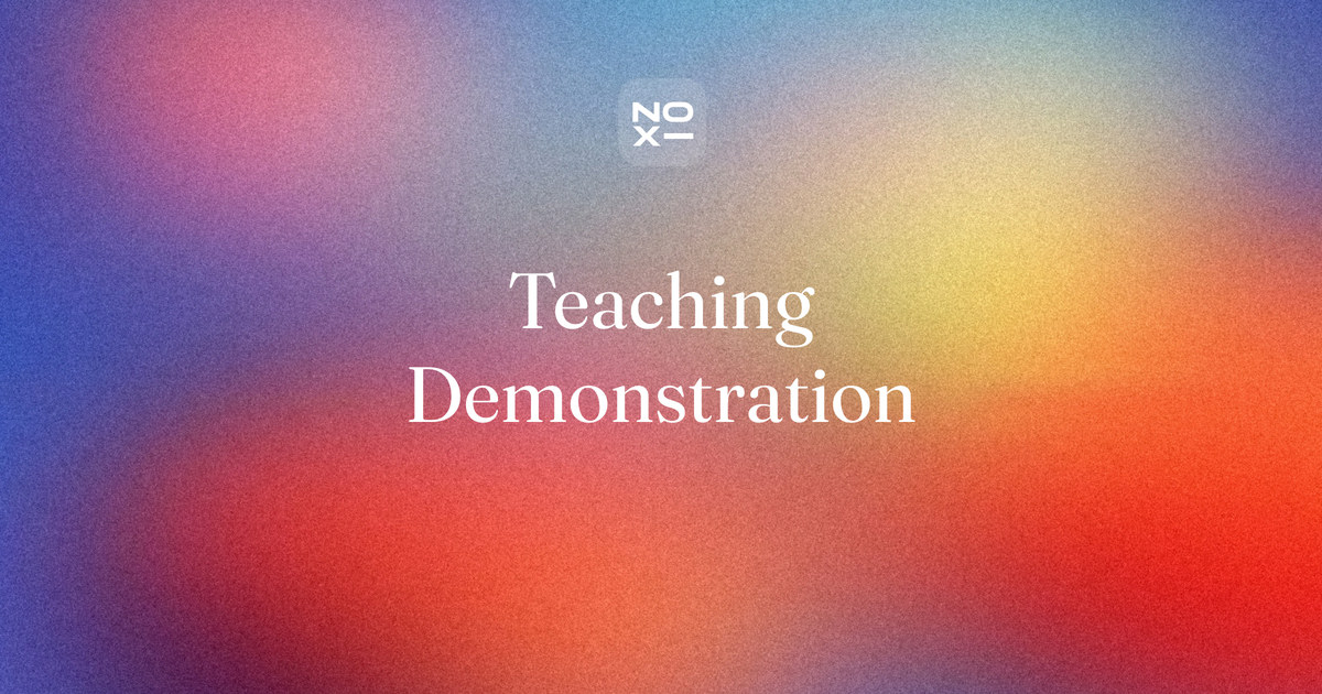 Teaching demonstration — NOXI guide cover: a 20-minute demo lesson planned minute by minute, from the hook and one objective to a task the committee does and two checks for understanding