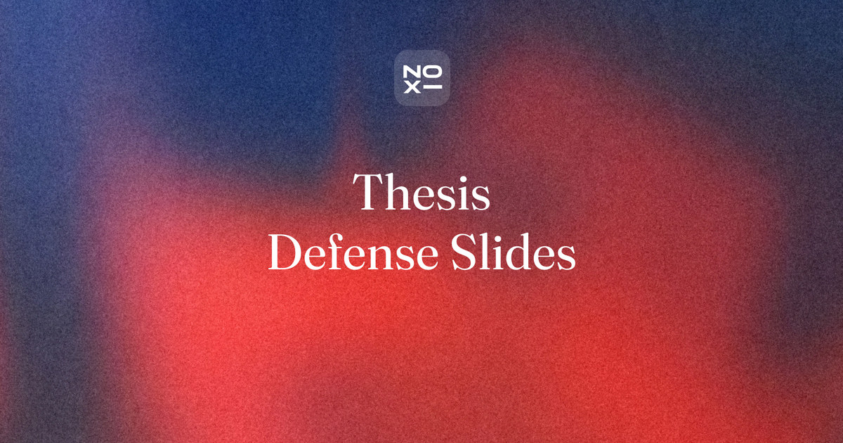 Thesis defense presentation — NOXI guide cover: a thesis turned into a timed defense deck with methods and results at its centre, backup slides and a Q&A plan