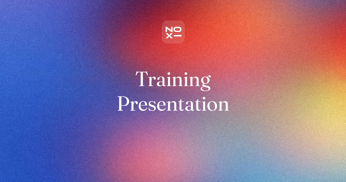 Training presentation — NOXI guide cover: a training session planned as blocks of explain, show, practise and check, with a final task and a Kirkpatrick evaluation slide