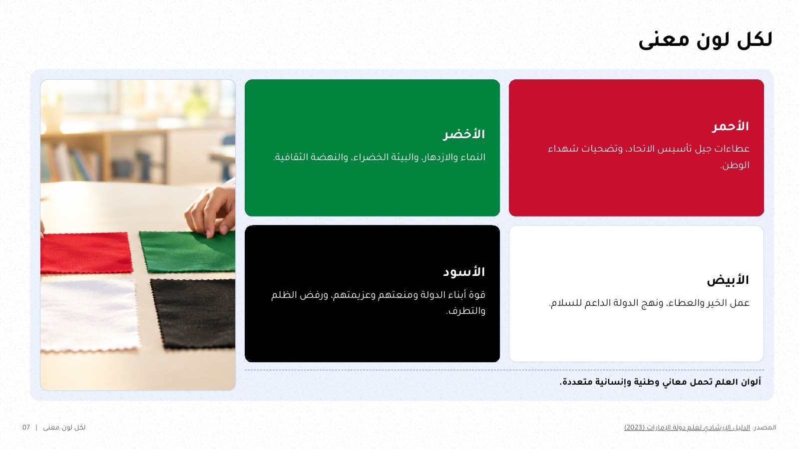 شريحة بعنوان «لكل لون معنى»: أربع بطاقات بألوان العلم، الأحمر لعطاءات جيل تأسيس الاتحاد وتضحيات شهداء الوطن، والأخضر للنماء والازدهار والبيئة الخضراء والنهضة الثقافية، والأبيض لعمل الخير والعطاء ونهج الدولة الداعم للسلام، والأسود لقوة أبناء الدولة ومنعتهم وعزيمتهم، بصياغة الدليل الإرشادي 2023.